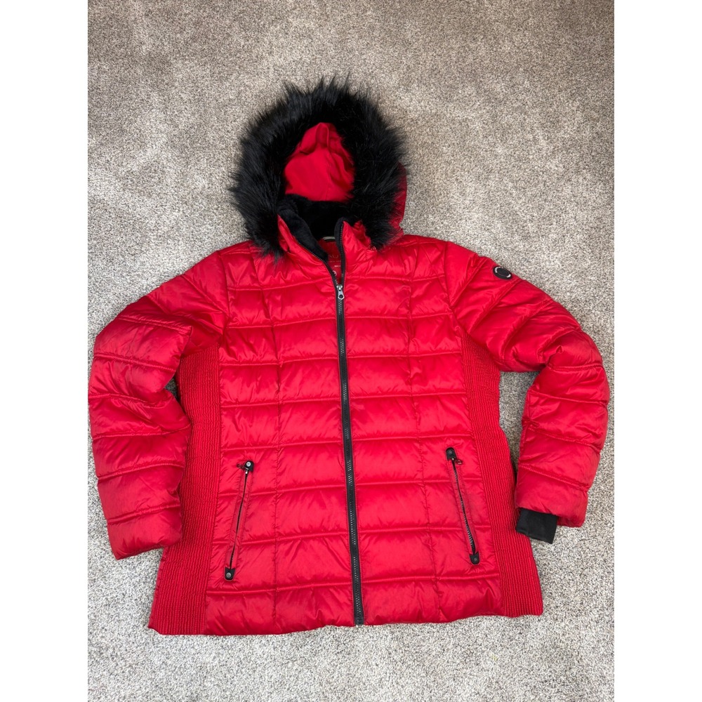 Nautica Women's Red Quilted Puffer Jacket Faux Fur Hood Med‎